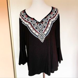 Black embroidered ruffle sleeve printed top. Size XL